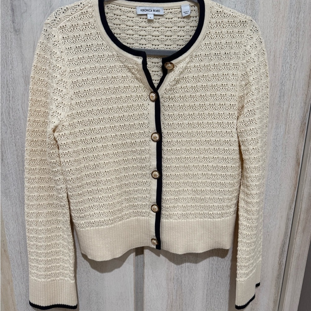 Veronica Beard Cream Cardigan with Navy Trim